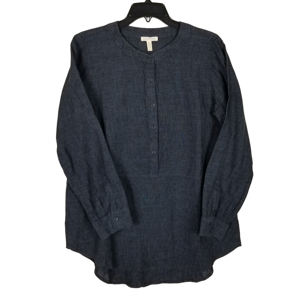 Eileen Fisher Tunic Women PS Navy Blue Linen Mandarin Collar Button High-Low
